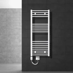 Elektrischer Badheizkörper mit Heizstab 900W 500x1200 mm Weiß gebogen mit Seitenanschluss LuxeBath-ECD Germany Hot