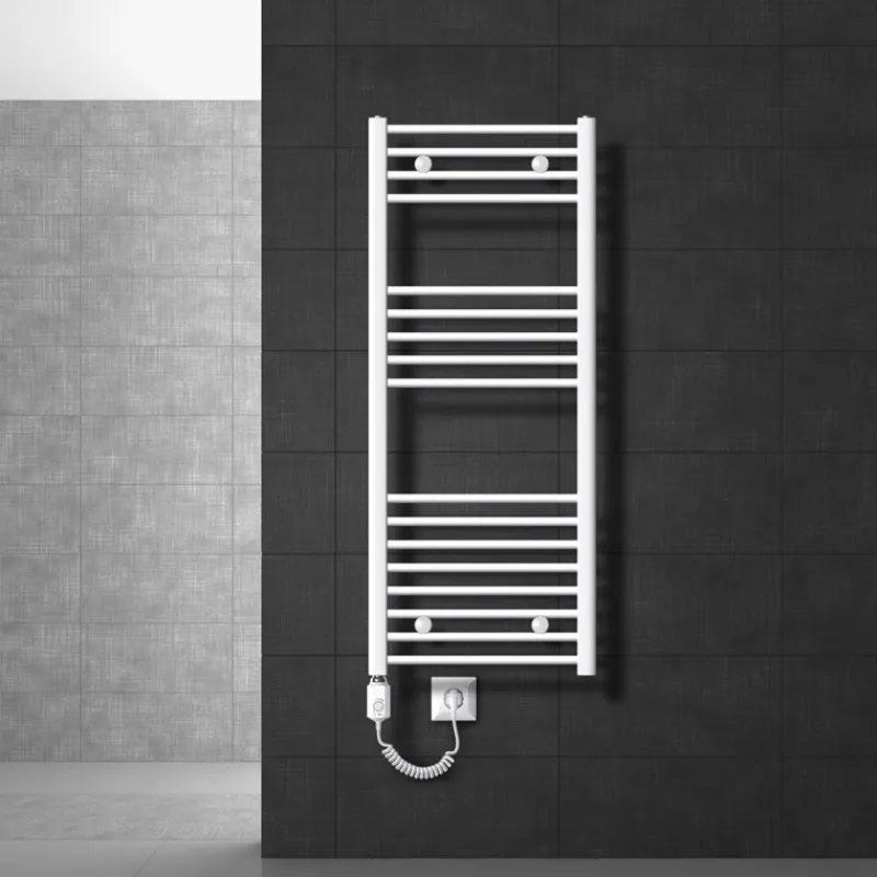 Elektrischer Badheizkörper mit Heizstab 900W 500x1200 mm Weiß gebogen mit Seitenanschluss LuxeBath-ECD Germany Hot