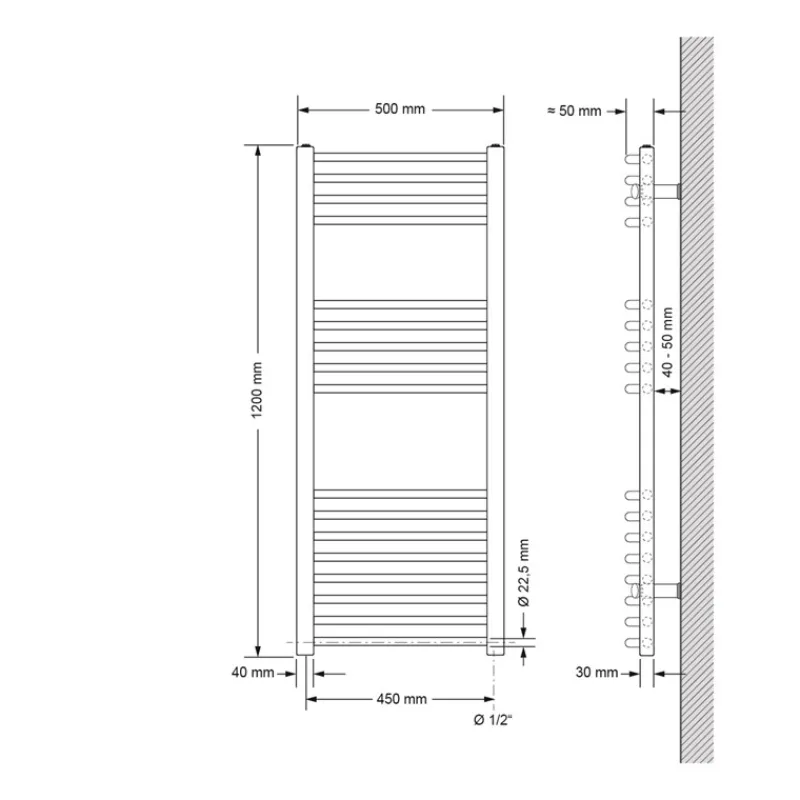 Elektrischer Badheizkörper mit Heizstab 900W 500x1200 mm Weiß gebogen mit Seitenanschluss LuxeBath-ECD Germany Hot