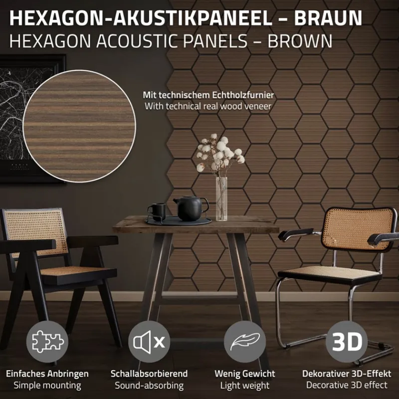 2er Set Akustikpaneele für 1m² Braun Wandpaneele Hexagon Schallabsorber Schalldämmung ML-Design-ECD Germany Sale