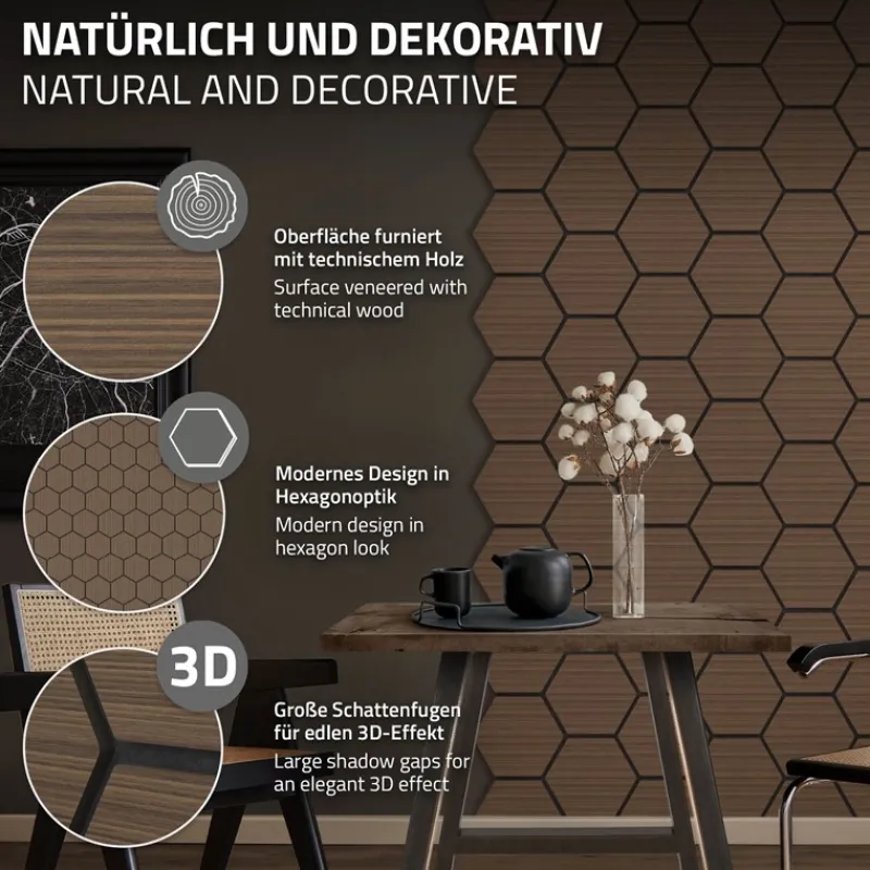2er Set Akustikpaneele für 1m² Braun Wandpaneele Hexagon Schallabsorber Schalldämmung ML-Design-ECD Germany Sale