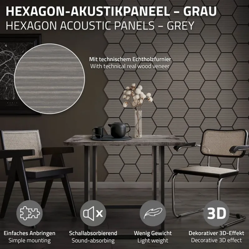 2er Set Akustikpaneele für 1m² Grau Wandpaneele Hexagon Schallabsorber Schalldämmung ML-Design-ECD Germany Outlet