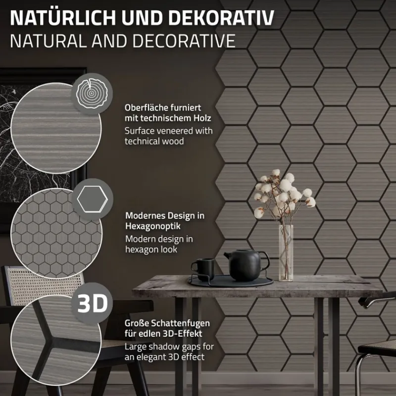 2er Set Akustikpaneele für 1m² Grau Wandpaneele Hexagon Schallabsorber Schalldämmung ML-Design-ECD Germany Outlet