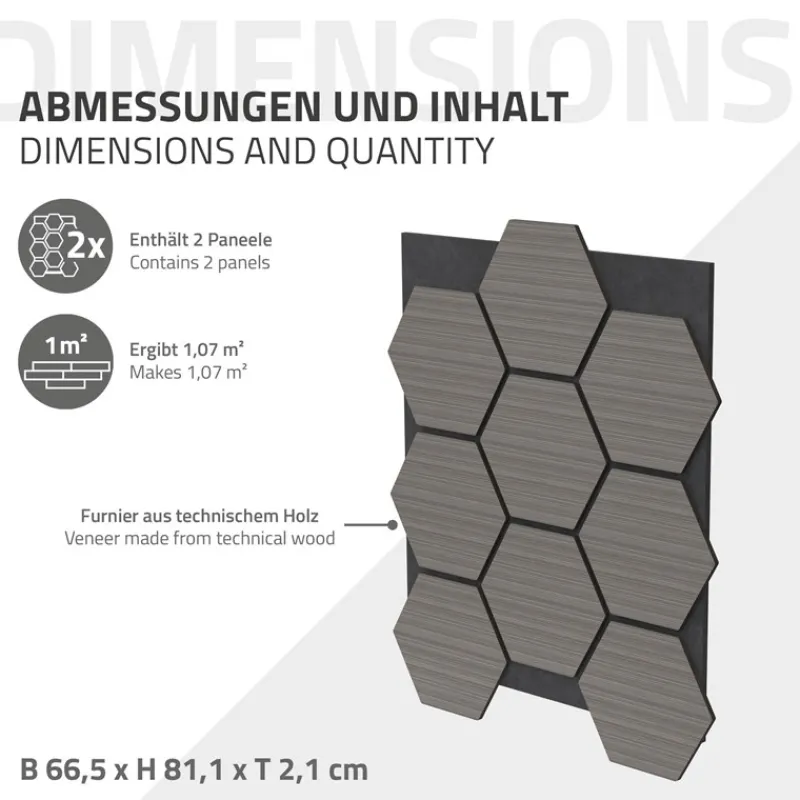 2er Set Akustikpaneele für 1m² Grau Wandpaneele Hexagon Schallabsorber Schalldämmung ML-Design-ECD Germany Outlet