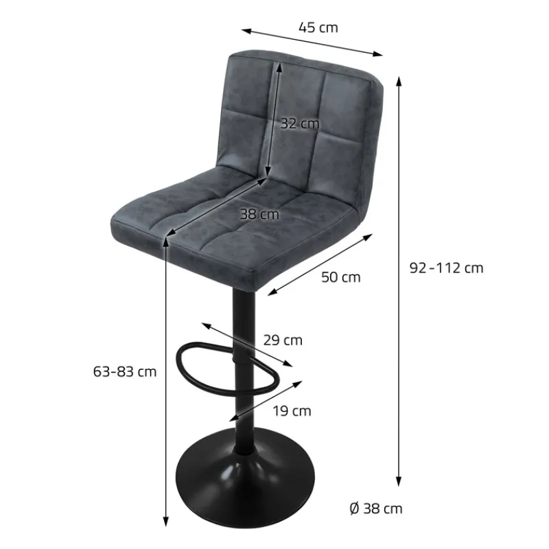 2er Set Barhocker 2x Anthrazit Kunstlederbezug mit Rückenlehne und Fußstütze höhenverstellbar 63-83cm ML-Design-ECD Germany Best