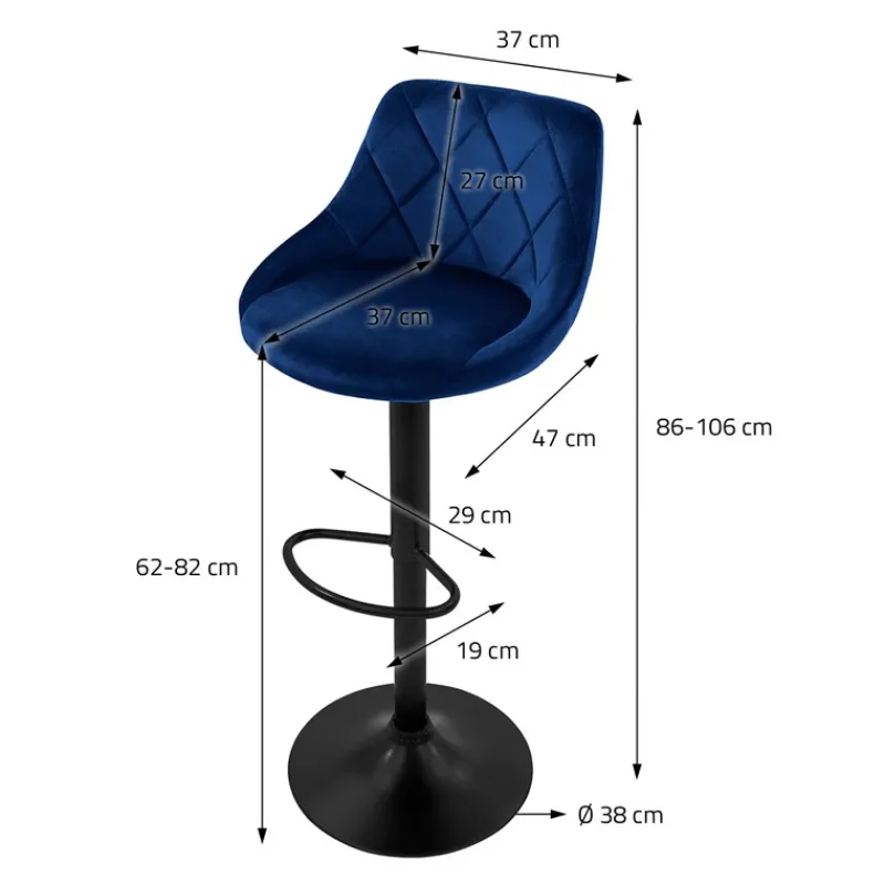 2er Set Barhocker 2x Blau Samtbezug mit Rückenlehne und Fußstütze höhenverstellbar 62-82cm ML-Design-ECD Germany Online