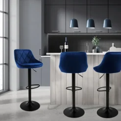 2er Set Barhocker 2x Blau Samtbezug mit Rückenlehne und Fußstütze höhenverstellbar 62-82cm ML-Design-ECD Germany Online