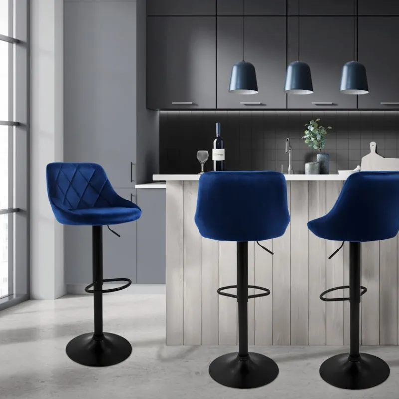 2er Set Barhocker 2x Blau Samtbezug mit Rückenlehne und Fußstütze höhenverstellbar 62-82cm ML-Design-ECD Germany Online