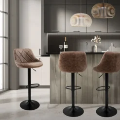 2er Set Barhocker 2x Braun Kunstlederbezug mit Rückenlehne und Fußstütze höhenverstellbar 62-82 cm ML-Design-ECD Germany