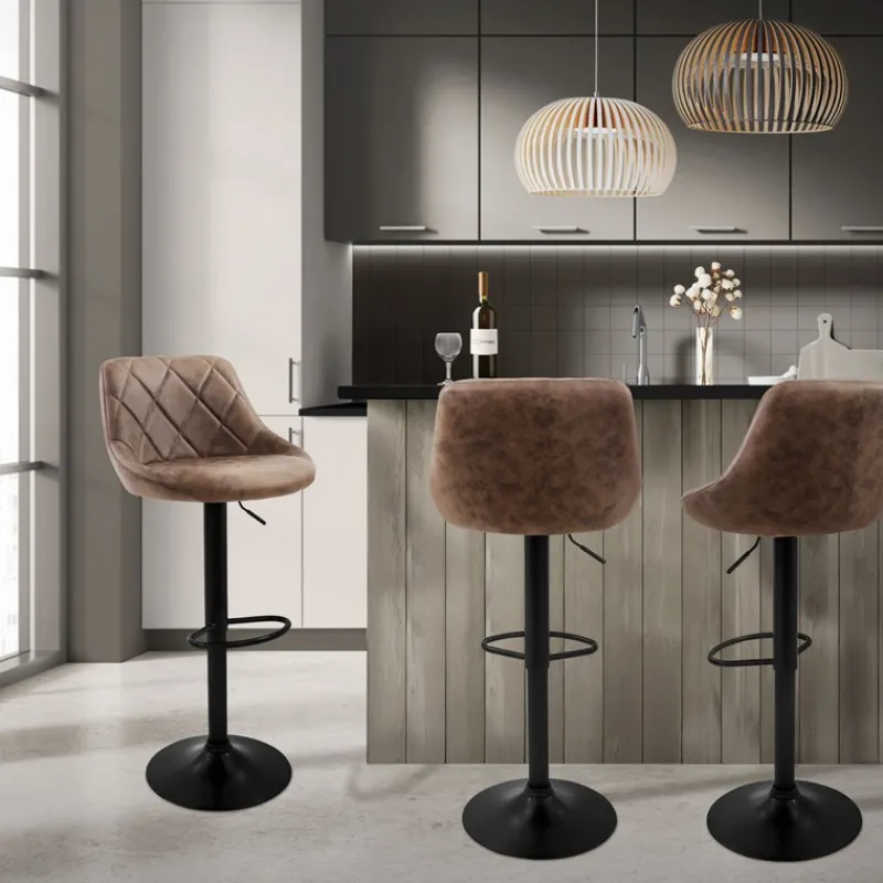 2er Set Barhocker 2x Braun Kunstlederbezug mit Rückenlehne und Fußstütze höhenverstellbar 62-82 cm ML-Design-ECD Germany