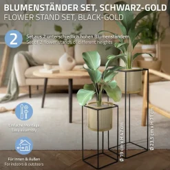 2er Set Blumenständer mit Übertopf 21x21x47/25x25x71 cm Schwarz/Gold aus Stahl ML-Design-ECD Germany Best