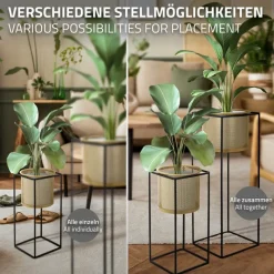 2er Set Blumenständer mit Übertopf 21x21x47/25x25x71 cm Schwarz/Gold aus Stahl ML-Design-ECD Germany Best