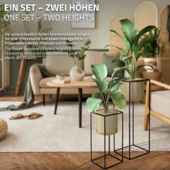 2er Set Blumenständer mit Übertopf 21x21x47/25x25x71 cm Schwarz/Gold aus Stahl ML-Design-ECD Germany Best