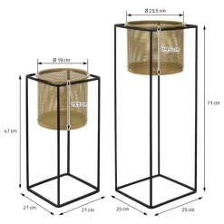 2er Set Blumenständer mit Übertopf 21x21x47/25x25x71 cm Schwarz/Gold aus Stahl ML-Design-ECD Germany Best