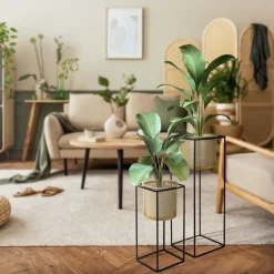 2er Set Blumenständer mit Übertopf 21x21x47/25x25x71 cm Schwarz/Gold aus Stahl ML-Design-ECD Germany Best