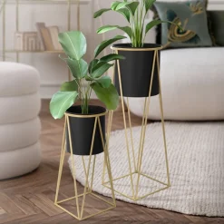 2er Set Blumenständer 21,8x22x47 / 25x25x71 cm Schwarz/Gold aus Stahl ML-Design-ECD Germany Hot