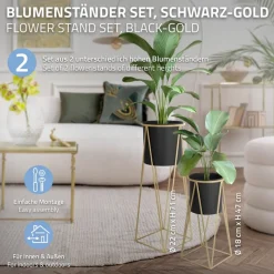 2er Set Blumenständer 21,8x22x47 / 25x25x71 cm Schwarz/Gold aus Stahl ML-Design-ECD Germany Hot