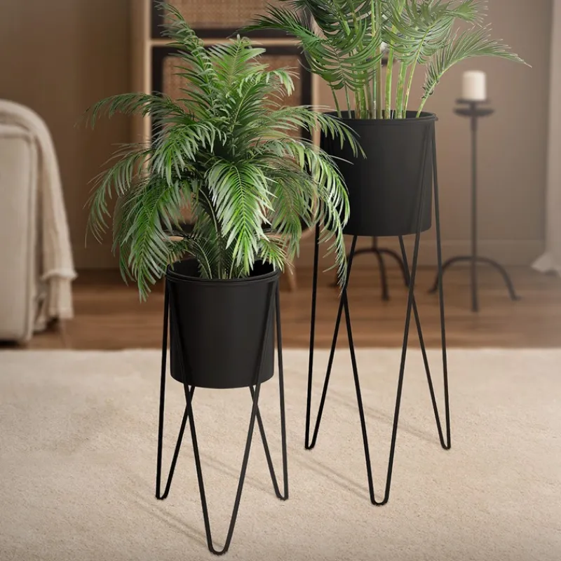 2er Set Blumenständer 27x27x48,5 / 35,5x34x75 cm Schwarz aus Stahl ML-Design-ECD Germany New