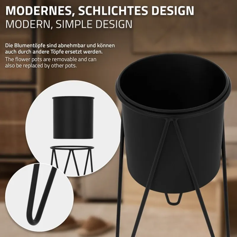 2er Set Blumenständer 27x27x48,5 / 35,5x34x75 cm Schwarz aus Stahl ML-Design-ECD Germany New