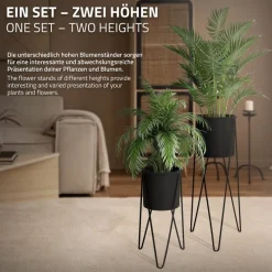 2er Set Blumenständer 27x27x48,5 / 35,5x34x75 cm Schwarz aus Stahl ML-Design-ECD Germany New