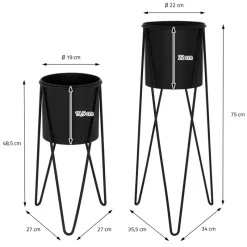 2er Set Blumenständer 27x27x48,5 / 35,5x34x75 cm Schwarz aus Stahl ML-Design-ECD Germany New