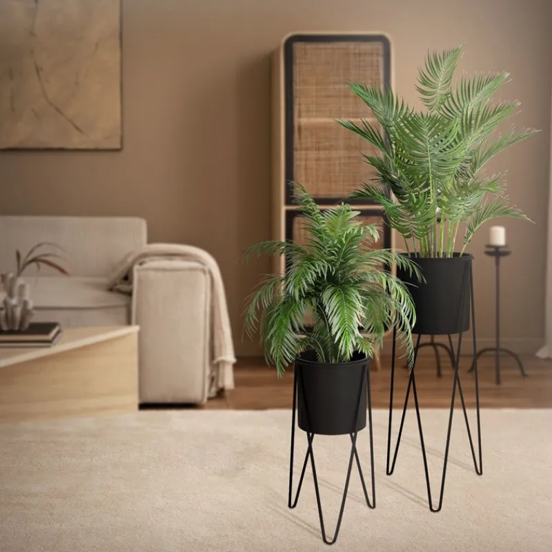 2er Set Blumenständer 27x27x48,5 / 35,5x34x75 cm Schwarz aus Stahl ML-Design-ECD Germany New