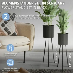2er Set Blumenständer 22x22,5x66 / 23x26x79 cm Schwarz aus Stahl ML-Design-ECD Germany New