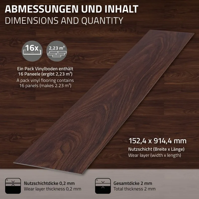 2er Set Deluxe PVC Klebevinylboden für 2,23 m² Rot-Braun Nuss 2 mm dick ML-Design-ECD Germany Hot