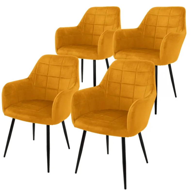 2er Set Esszimmerstühle mit Rücken- & Armlehne 2x Senf Samtbezug Quadrat Steppung mit Metallbeinen ML-Design-ECD Germany New