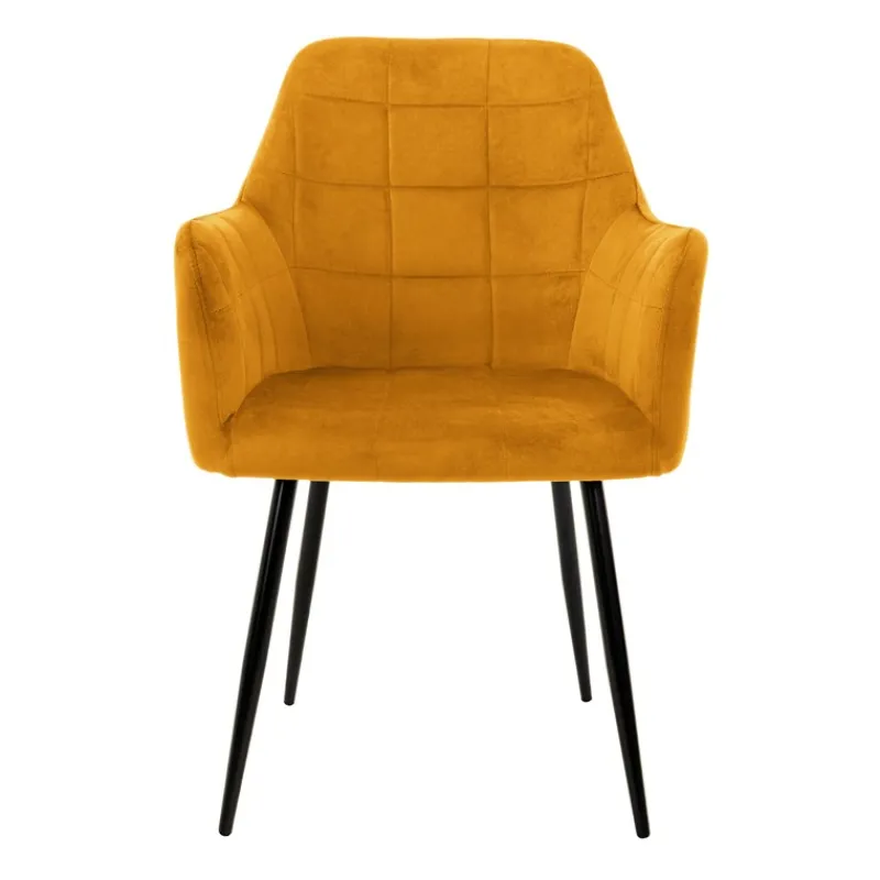 2er Set Esszimmerstühle mit Rücken- & Armlehne 2x Senf Samtbezug Quadrat Steppung mit Metallbeinen ML-Design-ECD Germany New