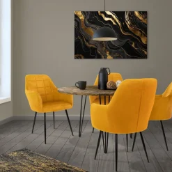 2er Set Esszimmerstühle mit Rücken- & Armlehne 2x Senf Samtbezug Quadrat Steppung mit Metallbeinen ML-Design-ECD Germany New