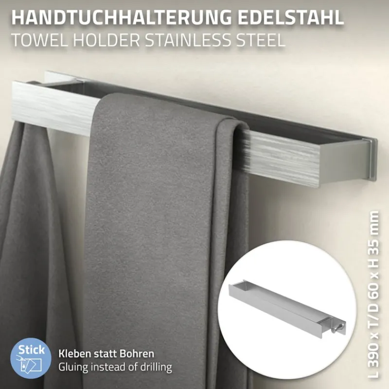2er Set Handtuchhalter zum Kleben ohne Bohren mit Haken 42 cm Silber aus Edelstahl ML-Design-ECD Germany Discount