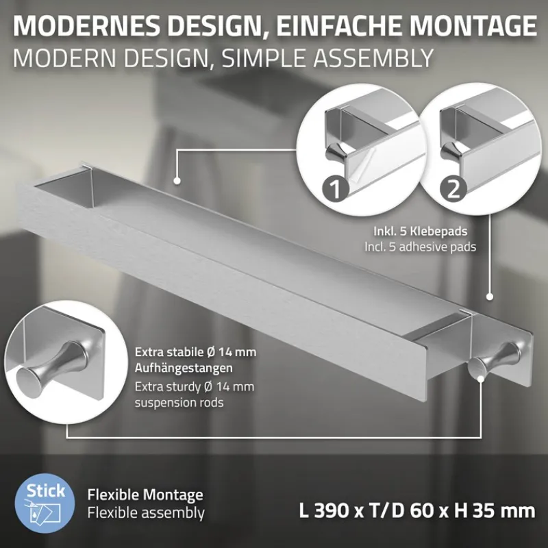 2er Set Handtuchhalter zum Kleben ohne Bohren mit Haken 42 cm Silber aus Edelstahl ML-Design-ECD Germany Discount