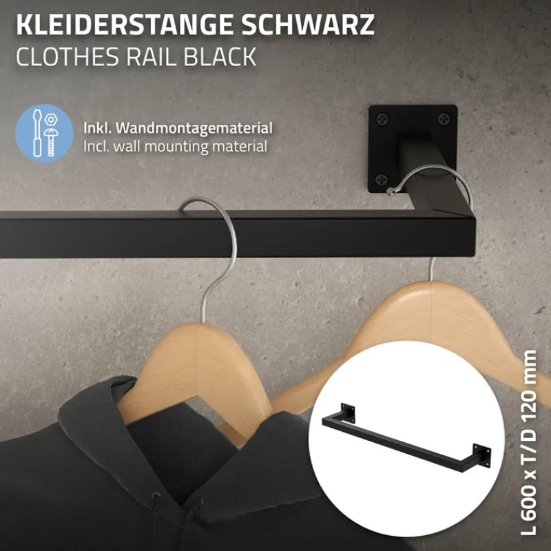 2er Set Kleiderstange Garderobe Wandmontage 12 x 60 cm Schwarz aus Stahl ML-Design-ECD Germany Sale
