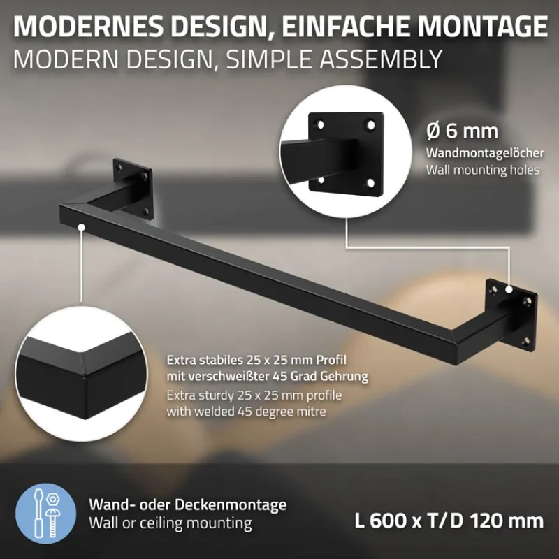 2er Set Kleiderstange Garderobe Wandmontage 12 x 60 cm Schwarz aus Stahl ML-Design-ECD Germany Sale