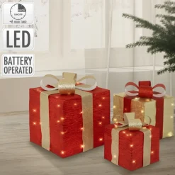 3er Set LED Deko Geschenkbox mit 90 warmweißen LEDs Rot Gold Drahtgestell batteriebetrieben mit Timer-ECD Germany Online