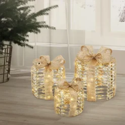 3er Set LED Weihnachtsgeschenkboxen Gold Warmweiß batteriebetrieben mit Timer-ECD Germany Best