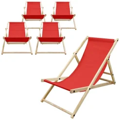 5er Set Liegestuhl klappbar Rot Holz verstellbare Rückenlehne bis 120 kg Sonnenliege Gartenliege Strandliege-ECD Germany Hot