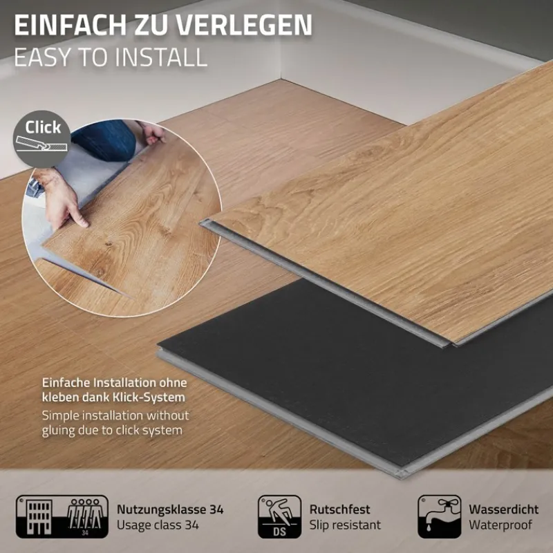 4er Set PVC Vinylboden Bodenbelag 7 Dielen 4,2mm für 1,54m² mit Klick-System Eiche Sandbar ML-Design-ECD Germany Hot