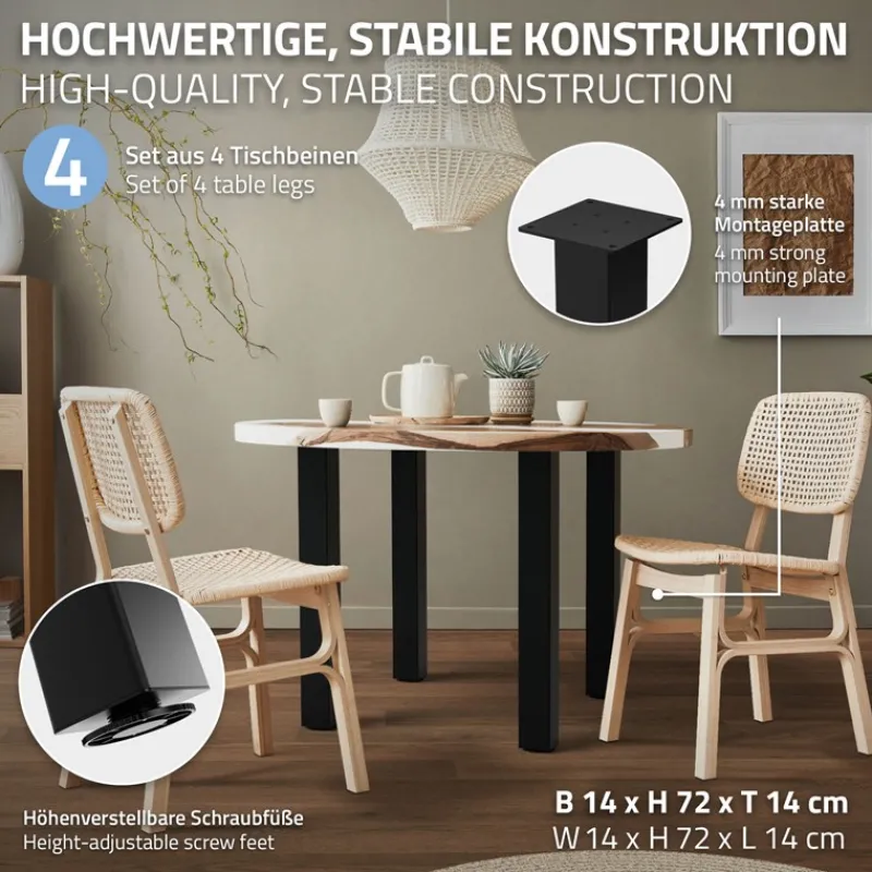 4er Set Tischbeine I-Design 72 cm Schwarz glänzend aus pulverbeschichtetem Stahl eckig Profil 8x8 cm Höhenverstellbare Möbelfüße 1-4cm ML-Design-ECD Germany Discount