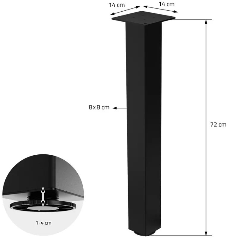 4er Set Tischbeine I-Design 72 cm Schwarz glänzend aus pulverbeschichtetem Stahl eckig Profil 8x8 cm Höhenverstellbare Möbelfüße 1-4cm ML-Design-ECD Germany Discount