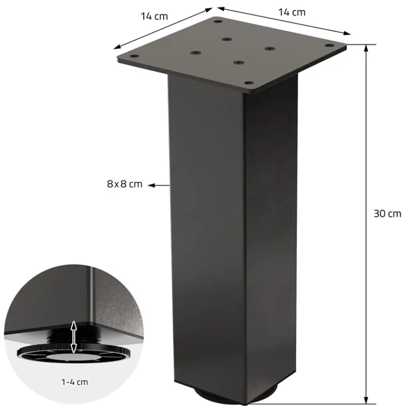 4er Set Tischbeine I-Design 30 cm Dunkelgrau Optik Industrial Stahl pulverbeschichtet eckig Profil 8x8 cm Höhenverstellbare Möbelfüße 1-4 cm ML-Design-ECD Germany Discount