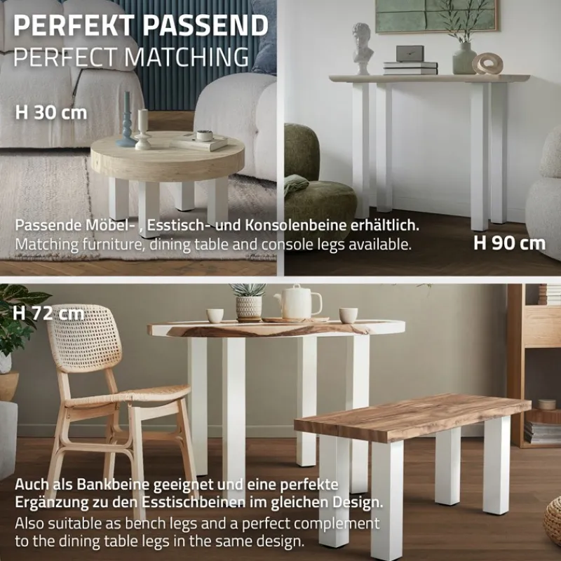 4er Set Tischbeine I-Design 42 cm Weiß glänzend aus pulverbeschichtetem Stahl eckig Profil 8x8 cm Höhenverstellbare Möbelfüße 1-4 cm ML-Design-ECD Germany Discount