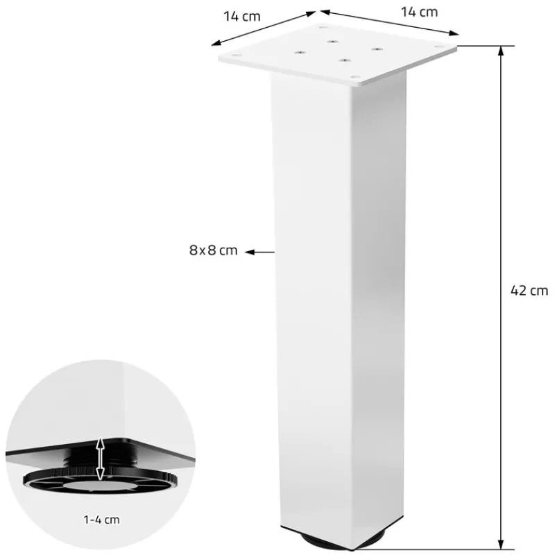 4er Set Tischbeine I-Design 42 cm Weiß glänzend aus pulverbeschichtetem Stahl eckig Profil 8x8 cm Höhenverstellbare Möbelfüße 1-4 cm ML-Design-ECD Germany Discount