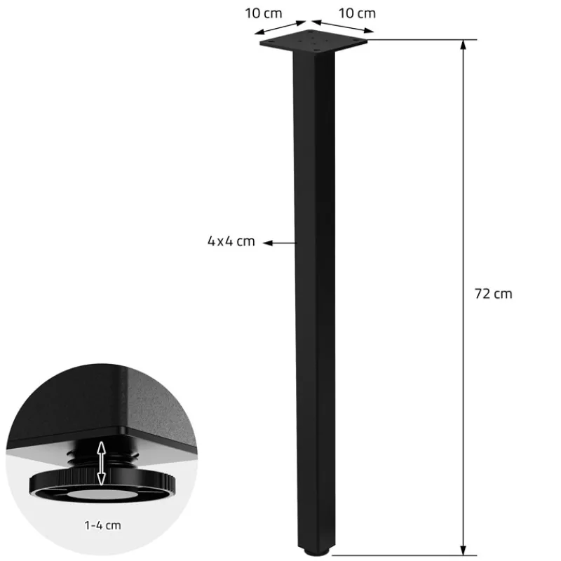 4er Set Tischbeine I-Design 72 cm Schwarz glänzend aus pulverbeschichtetem Stahl eckig Profil 4x4 cm Höhenverstellbare Möbelfüße 1-4cm-ECD Germany Sale