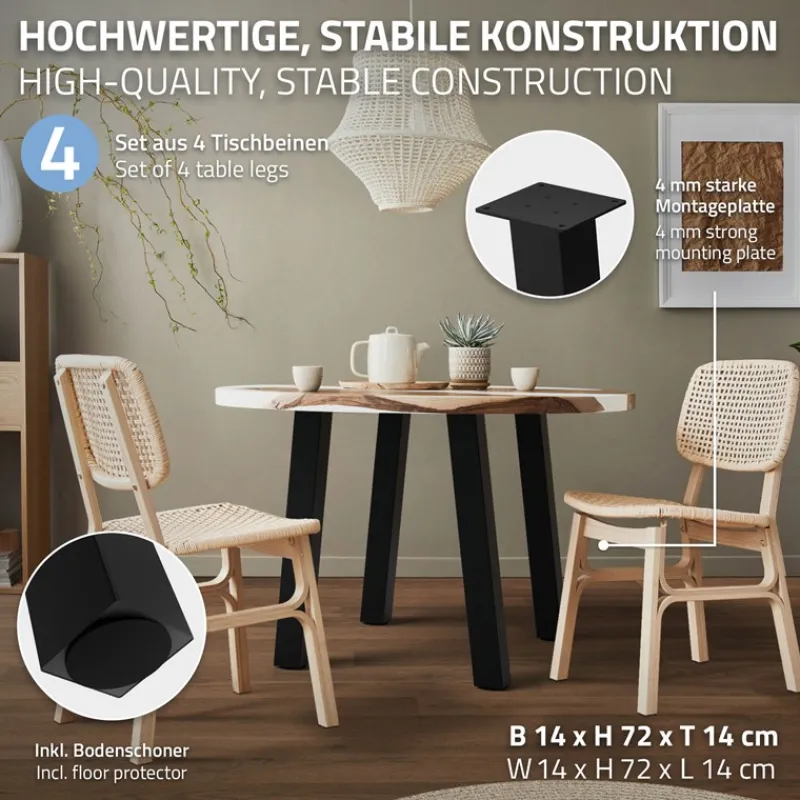 4er Set Tischbeine schräg 72 cm Schwarz glänzend aus Stahl eckig Profil 8x8 cm I-Form 96° Neigung ML-Design-ECD Germany Outlet