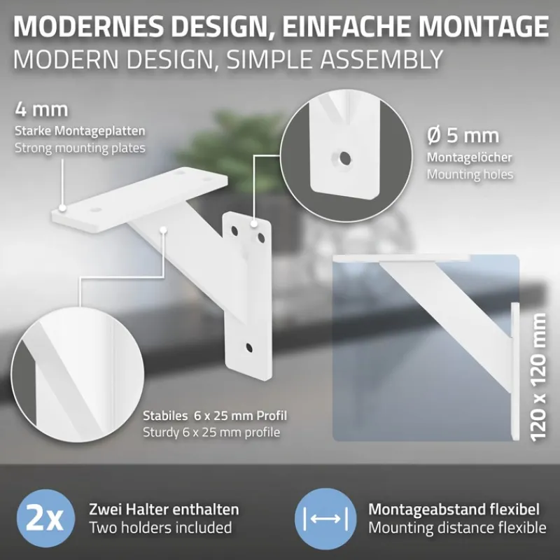 2er Set Wandkonsole Regalhalterung 2x 120 x 120 mm Weiß aus Aluminium ML-Design-ECD Germany Best