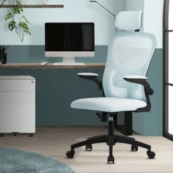 Ergonomischer Bürostuhl Blau Netzgewebe mit verstellbarer Kopfstütze und Rollen ML-Design-ECD Germany New