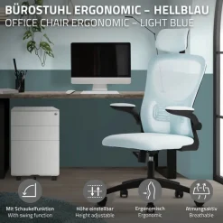 Ergonomischer Bürostuhl Blau Netzgewebe mit verstellbarer Kopfstütze und Rollen ML-Design-ECD Germany New