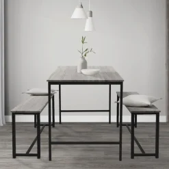 Esszimmergruppe mit 2 Bänken 3-Teilig mit Esstisch Eiche Grau Stahlgestell ML-Design-ECD Germany Best